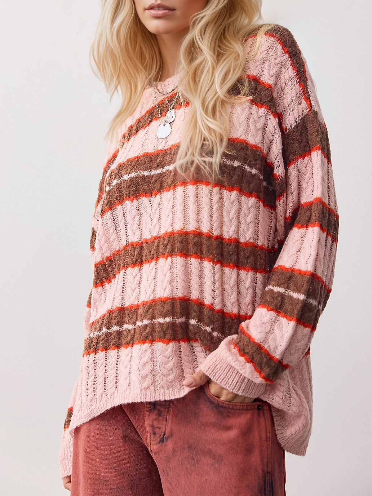 Oversized Striped Cable Knit Sweater With Crew Neck - Pink