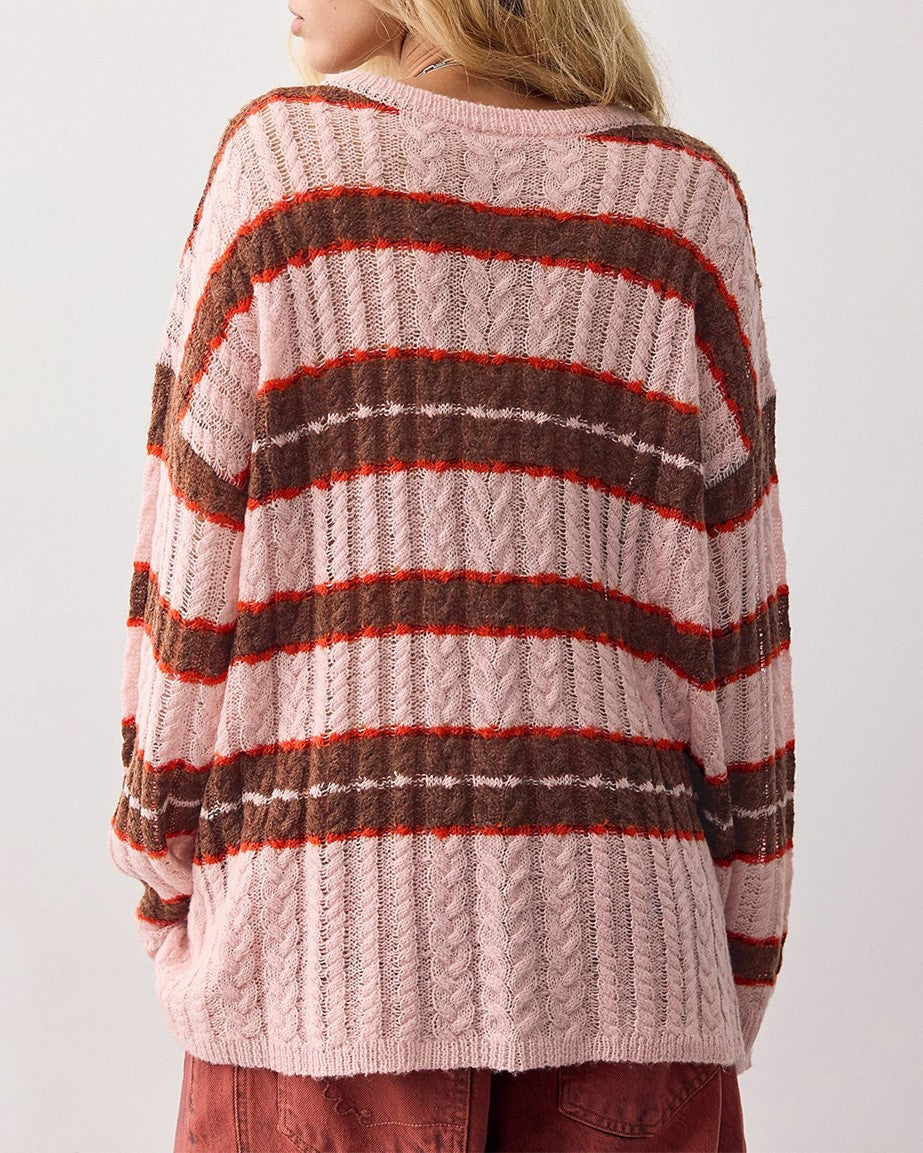 Oversized Striped Cable Knit Sweater With Crew Neck - Pink - 1