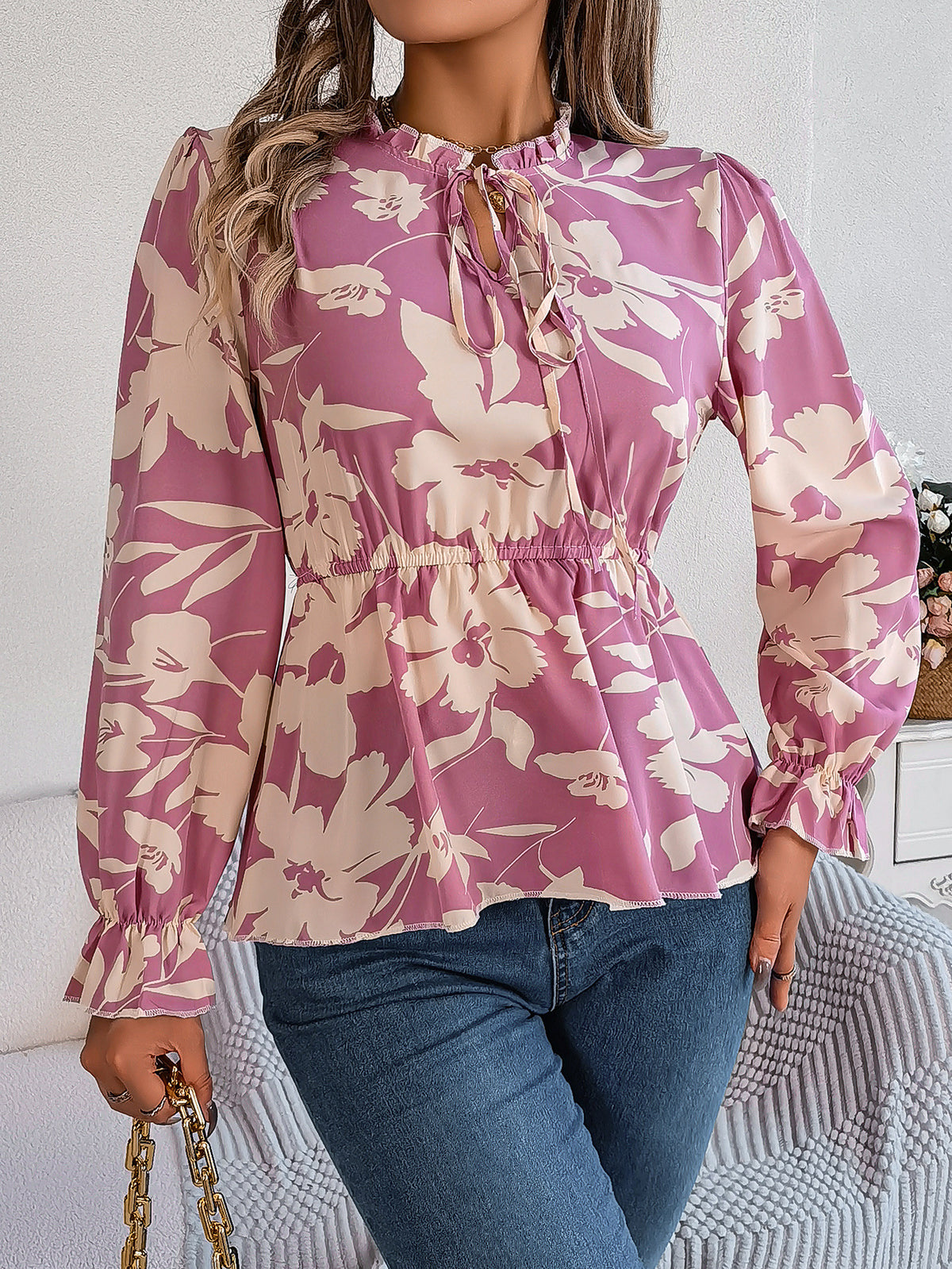 Floral Print Tie Neck Peplum Blouse - Purple