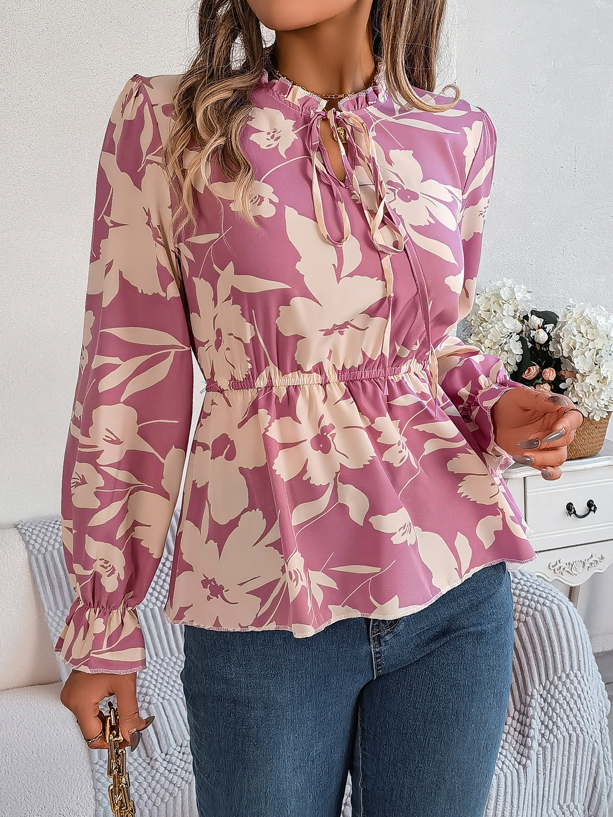 Floral Print Tie Neck Peplum Blouse - Purple - 1