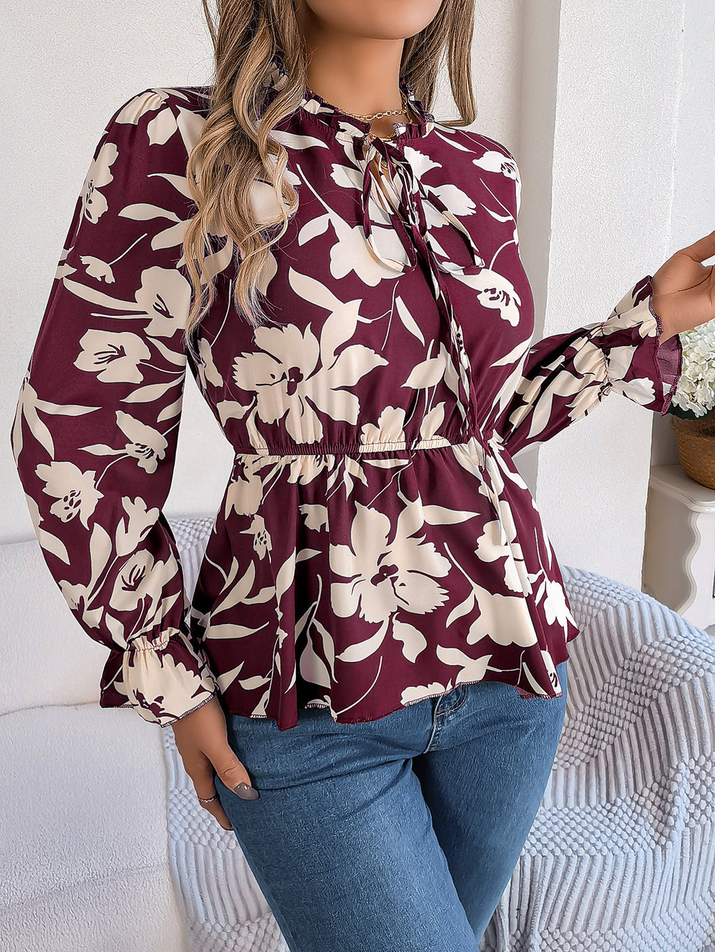 Floral Print Tie Neck Peplum Blouse - Winered