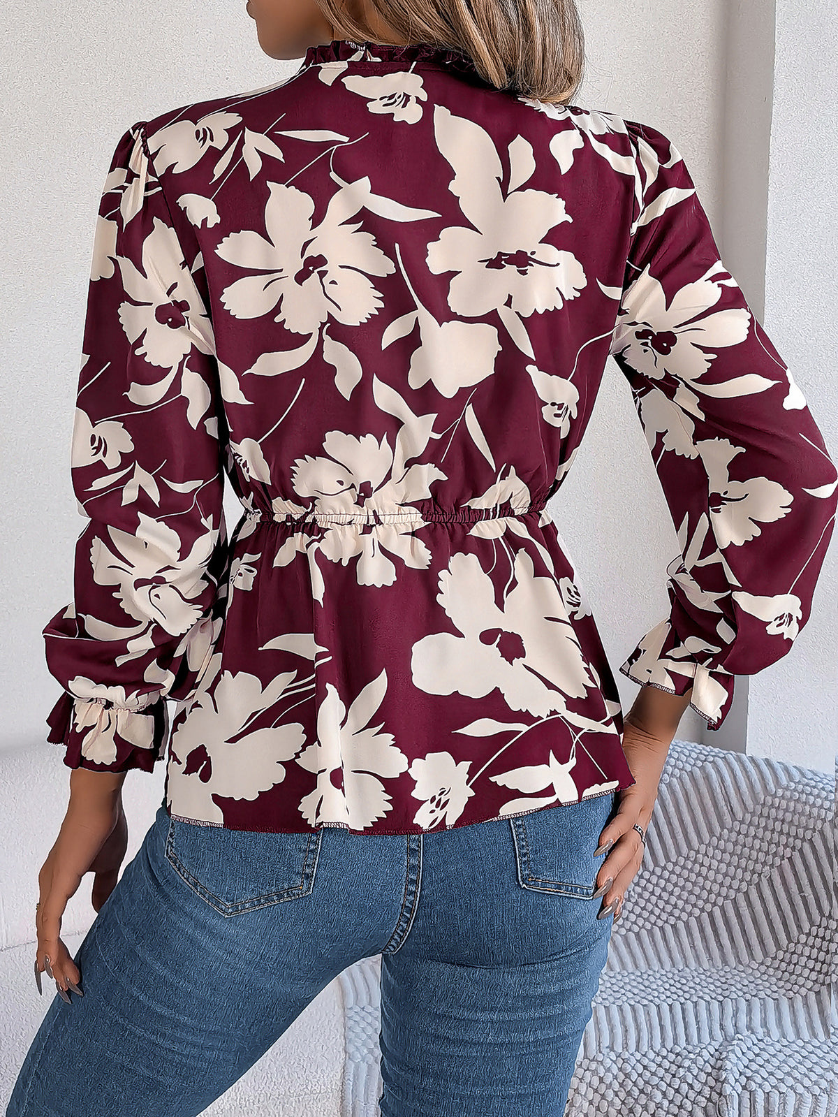 Floral Print Tie Neck Peplum Blouse - Winered - 1
