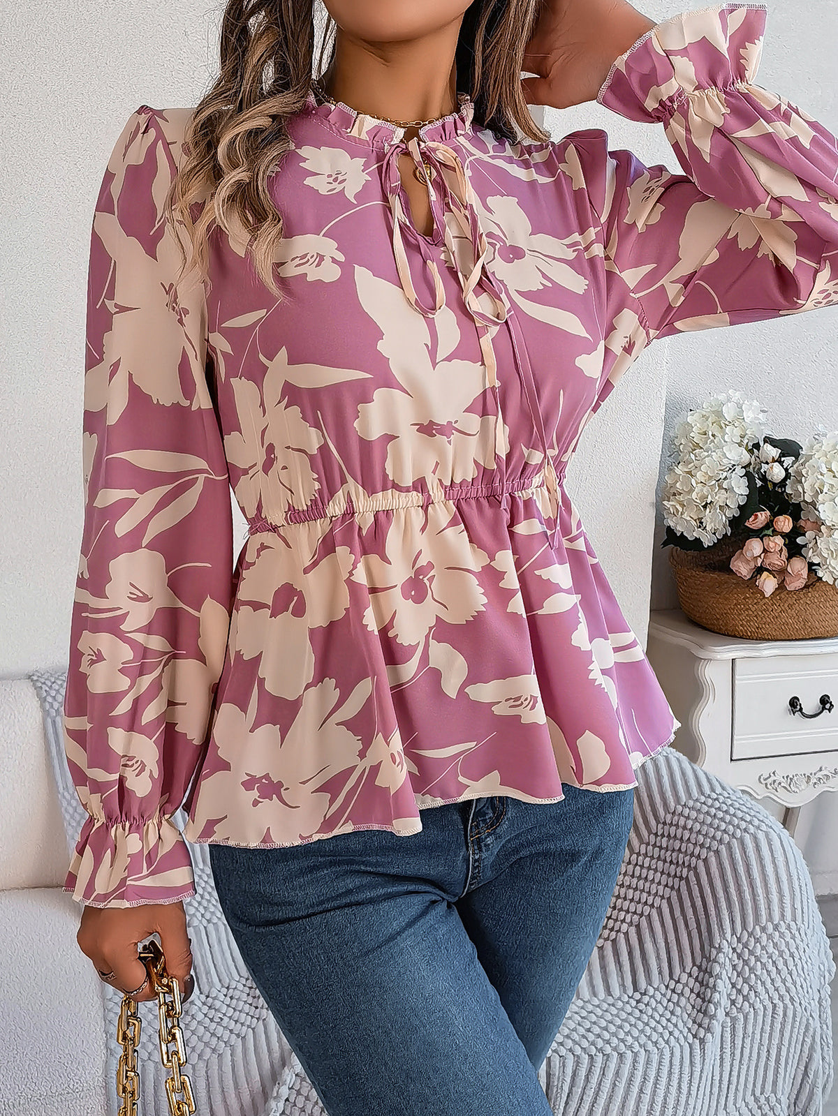 Floral Print Tie Neck Peplum Blouse