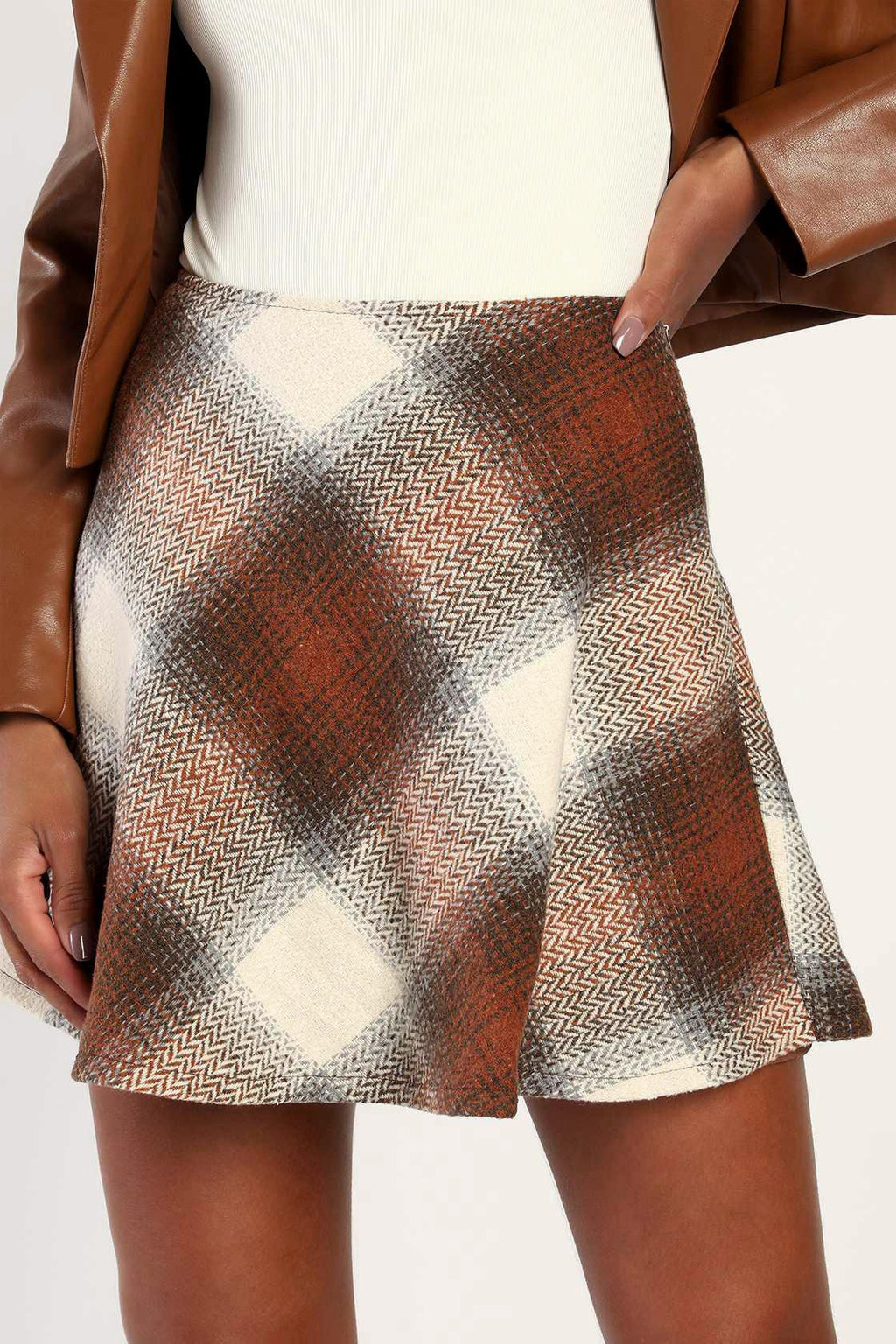 Buffalo Check Wool Blend A Line Mini Skirt - Orange - 6