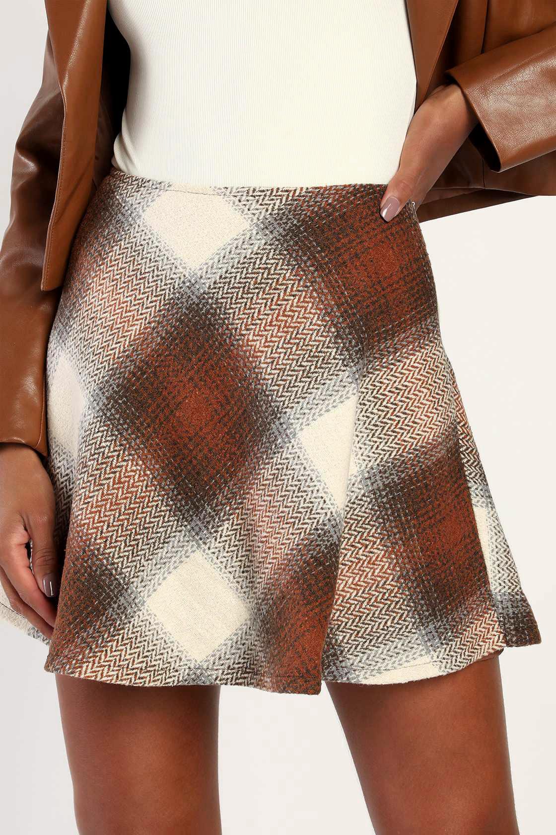 Buffalo Check Wool Blend A Line Mini Skirt - Orange - 6