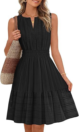 Sleeveless Smocked Waist Tiered A Line Dress - Black