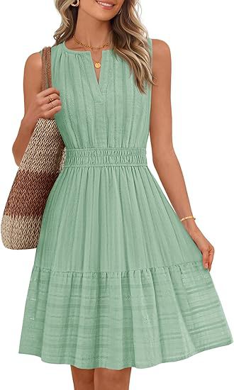 Sleeveless Smocked Waist Tiered A Line Dress - Green - 1