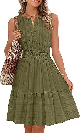 Sleeveless Smocked Waist Tiered A Line Dress - Olive