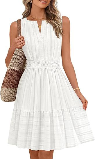 Sleeveless Smocked Waist Tiered A Line Dress - White
