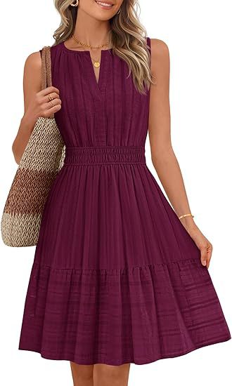 Sleeveless Smocked Waist Tiered A Line Dress - Winered
