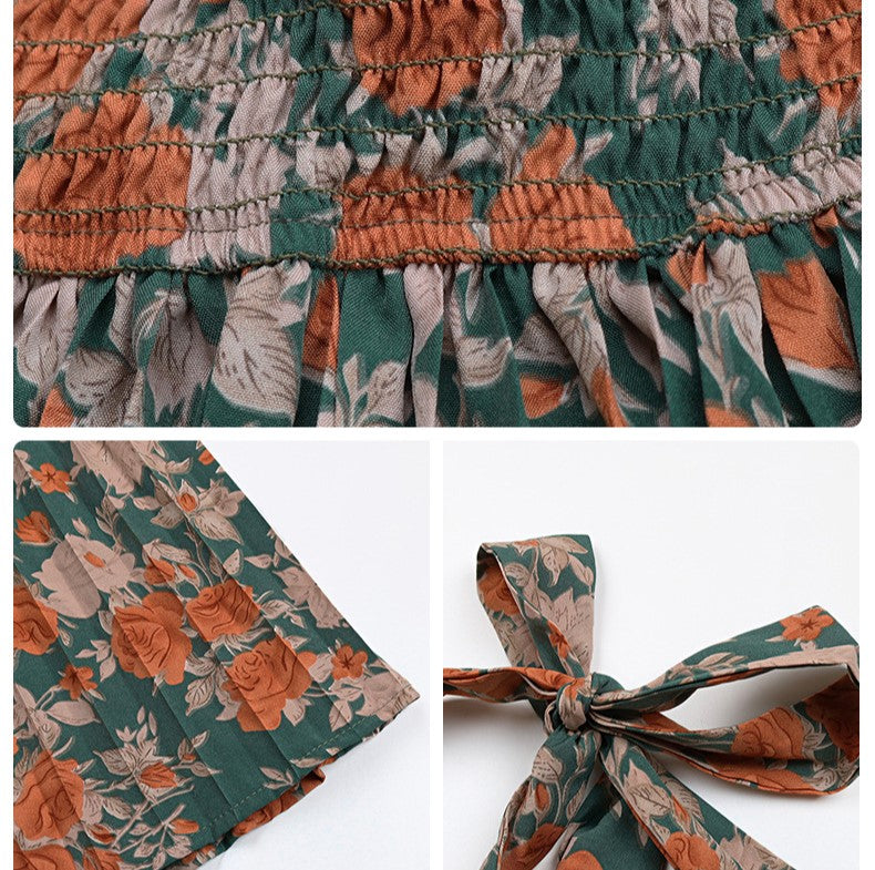 Floral Pleated Halter Dress With Smocked Waist - Green - 1