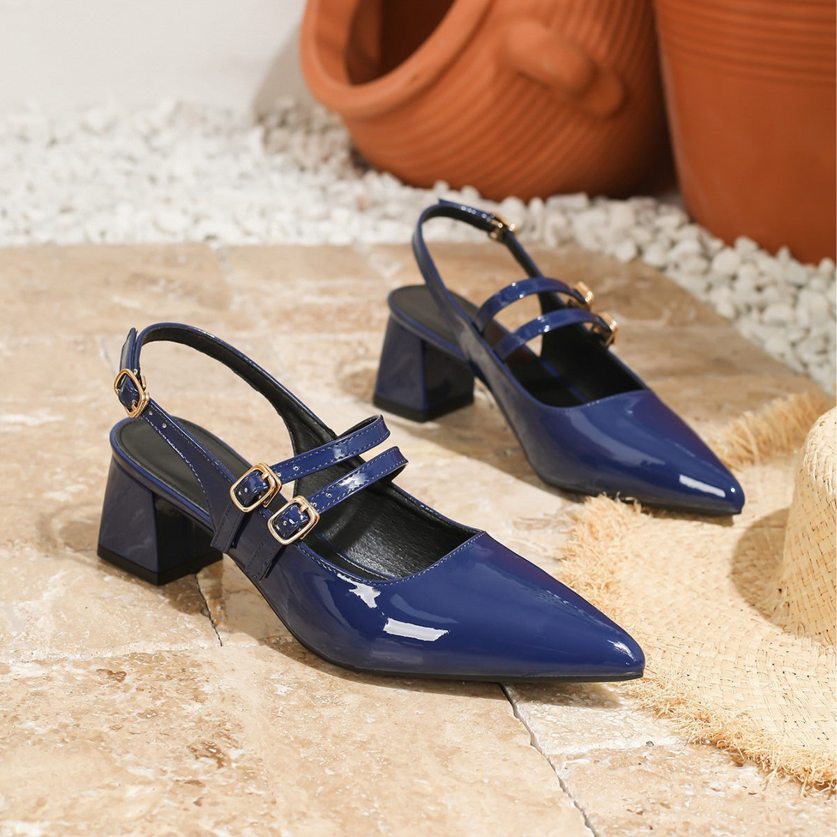 Pointed Toe Patent Mary Jane Slingback Heels