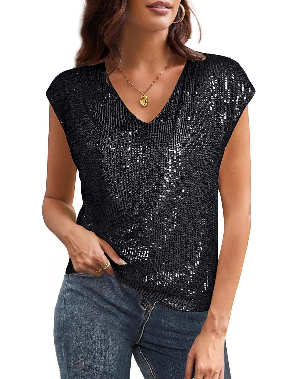 Sequin V Neck Cap Sleeve Top - Black