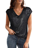 Sequin V Neck Cap Sleeve Top - Black
