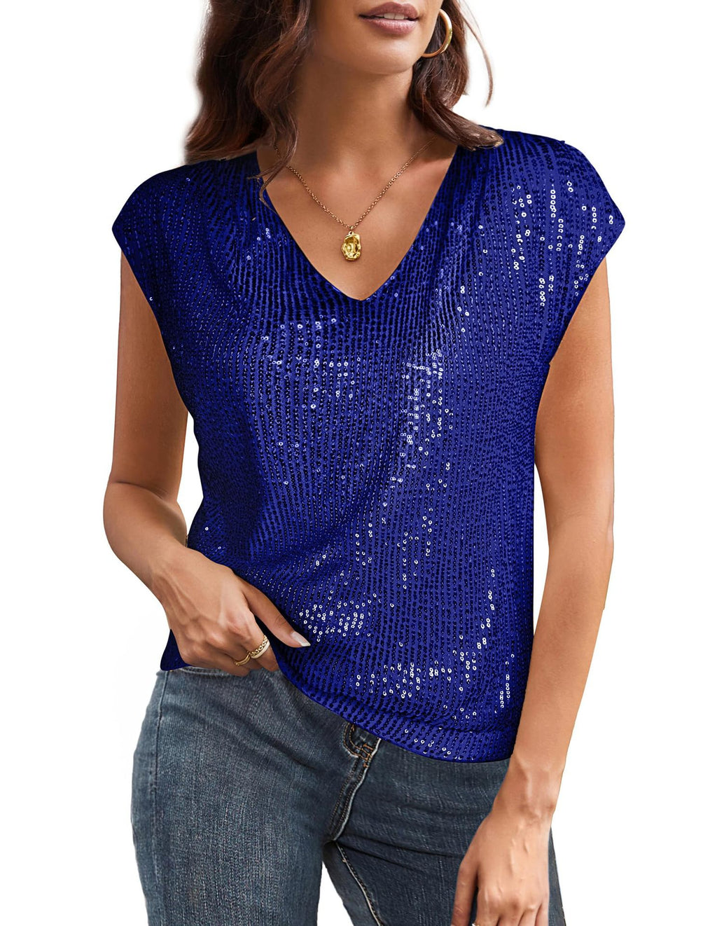 Sequin V Neck Cap Sleeve Top - Blue