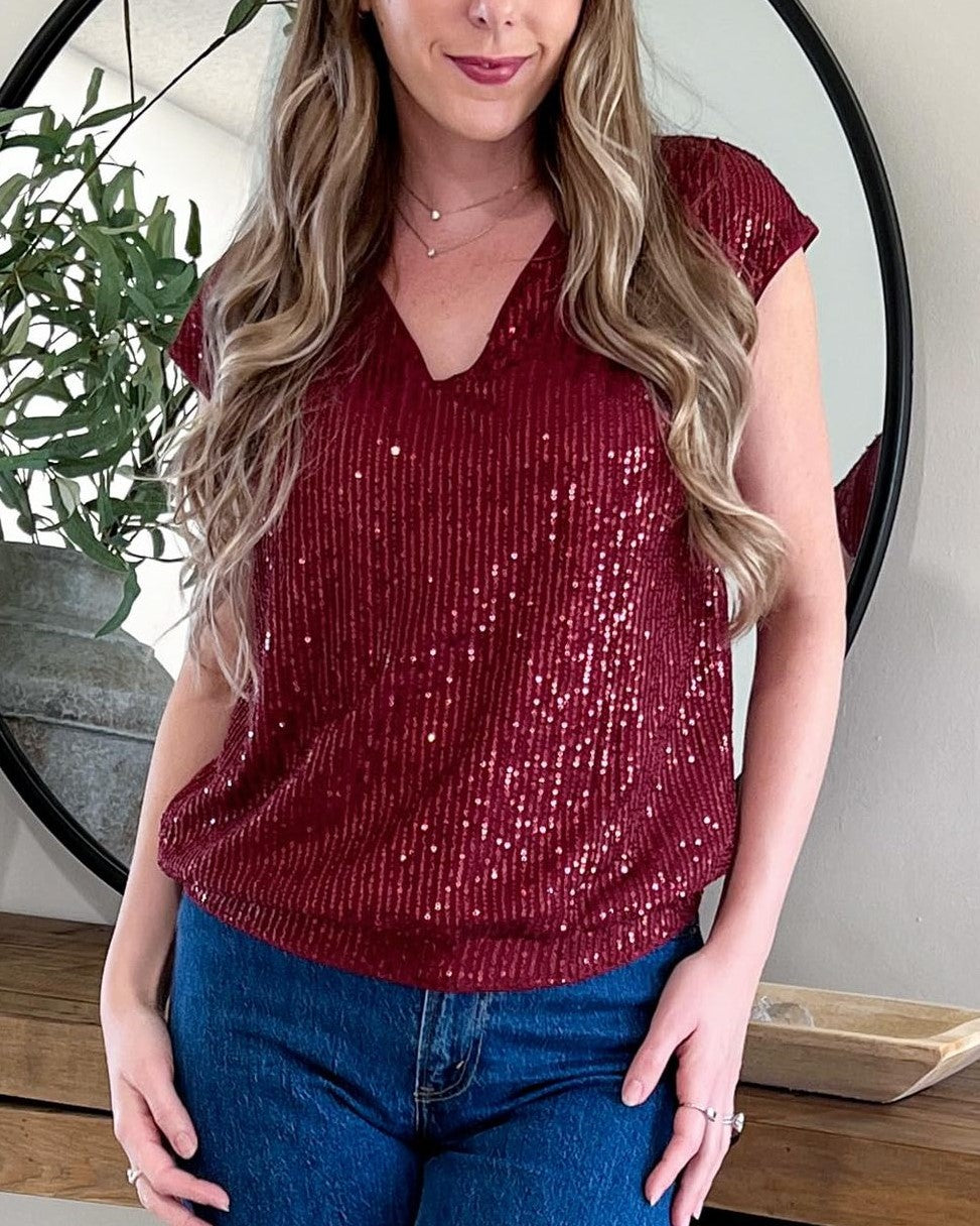 Sequin V Neck Cap Sleeve Top - Burgundy