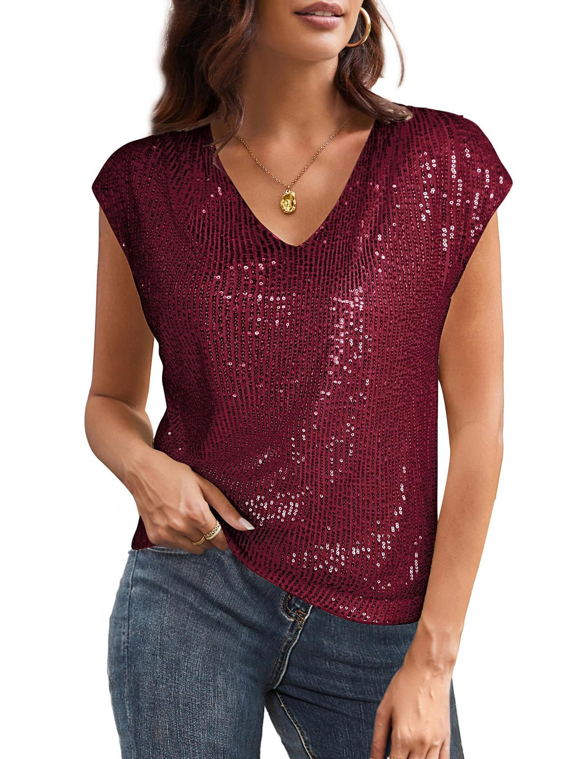 Sequin V Neck Cap Sleeve Top - Burgundy - 1