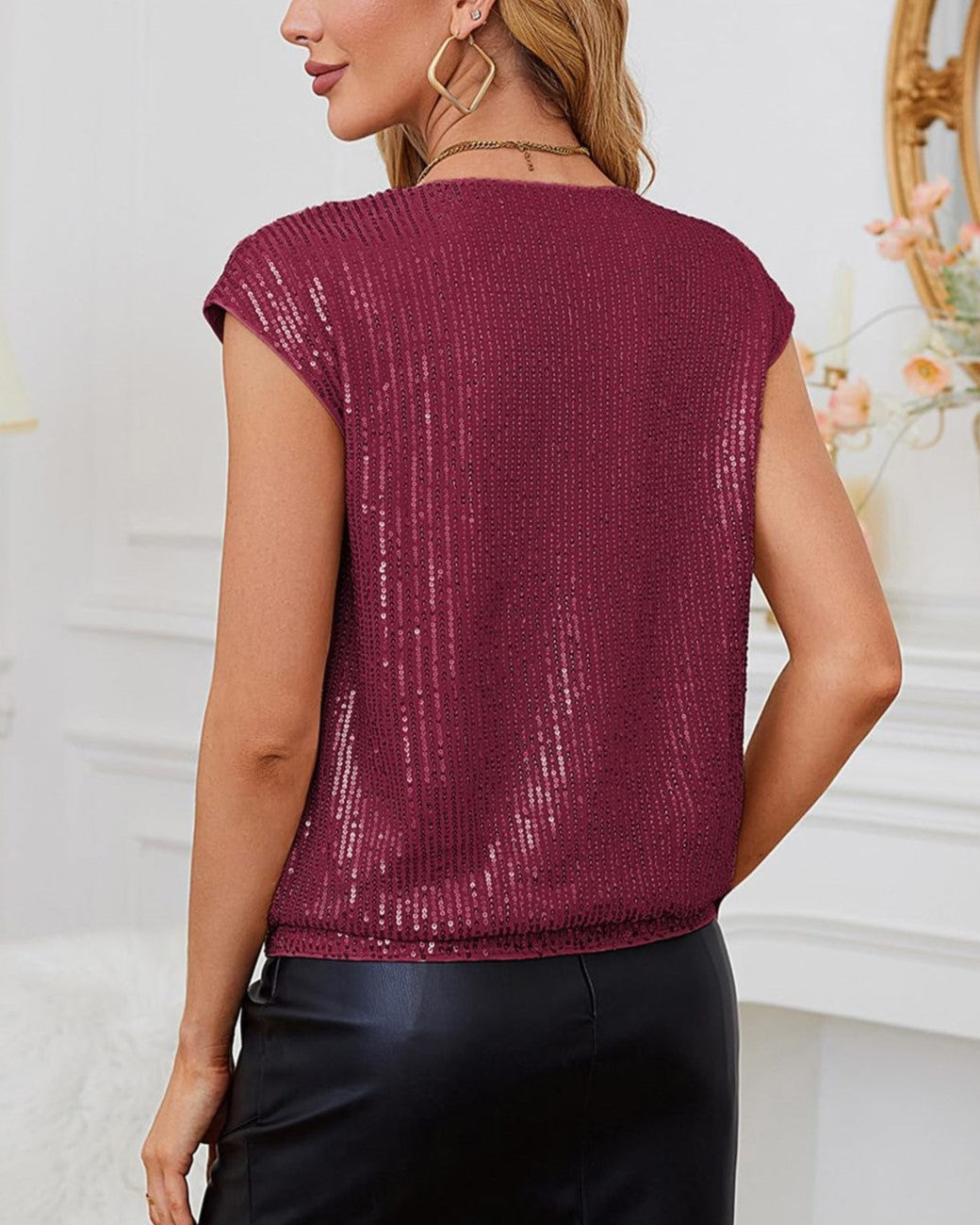 Sequin V Neck Cap Sleeve Top - Burgundy - 3