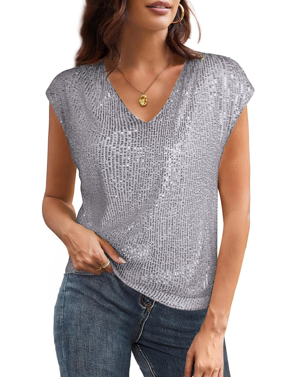Sequin V Neck Cap Sleeve Top - Silvery