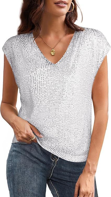 Sequin V Neck Cap Sleeve Top - White