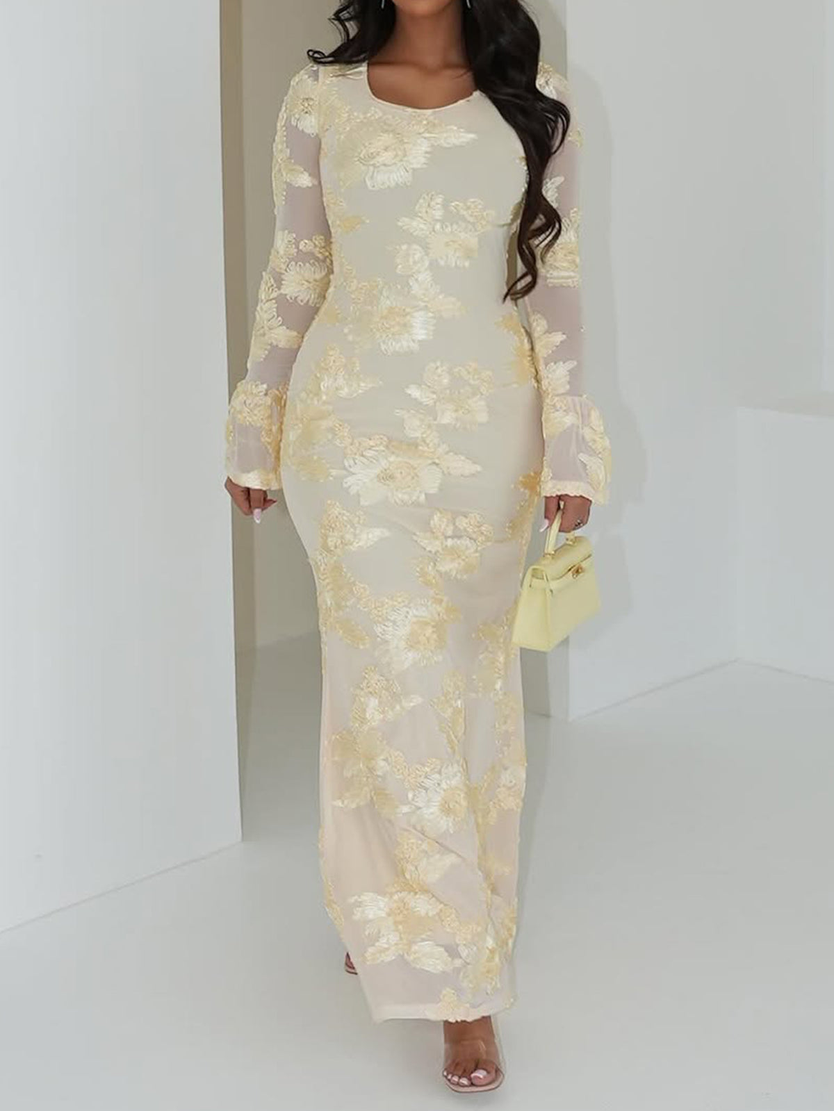 Sheer Floral Long Sleeve Maxi Dress - Beige