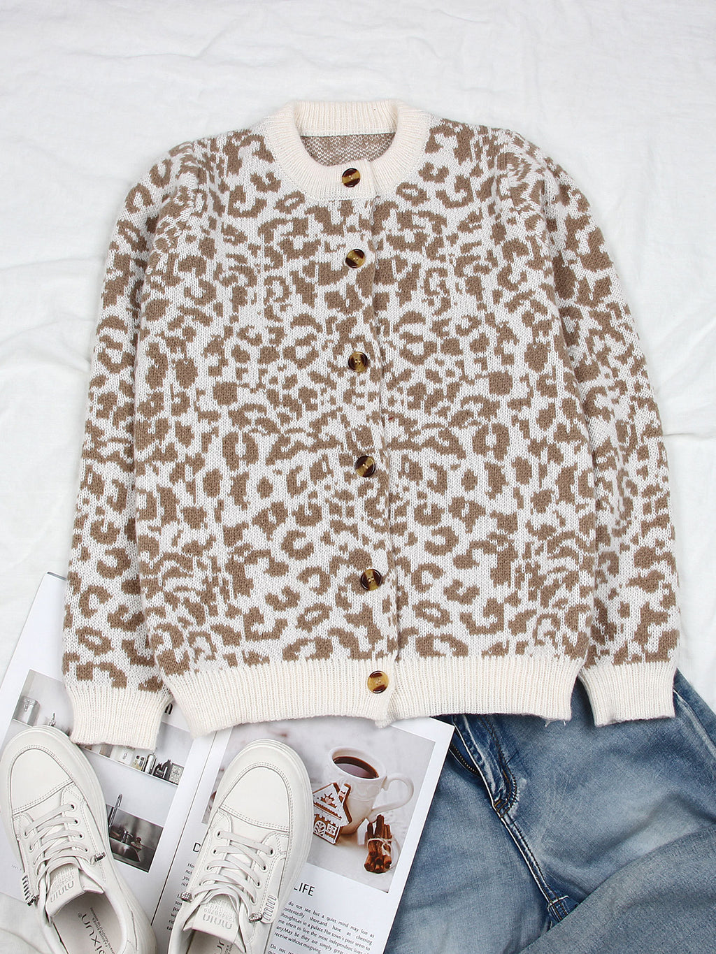 Leopard Jacquard Button Crew Neck Cardigan - Apricot - 1