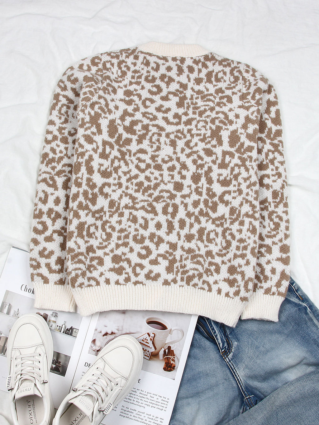 Leopard Jacquard Button Crew Neck Cardigan - Apricot - 2