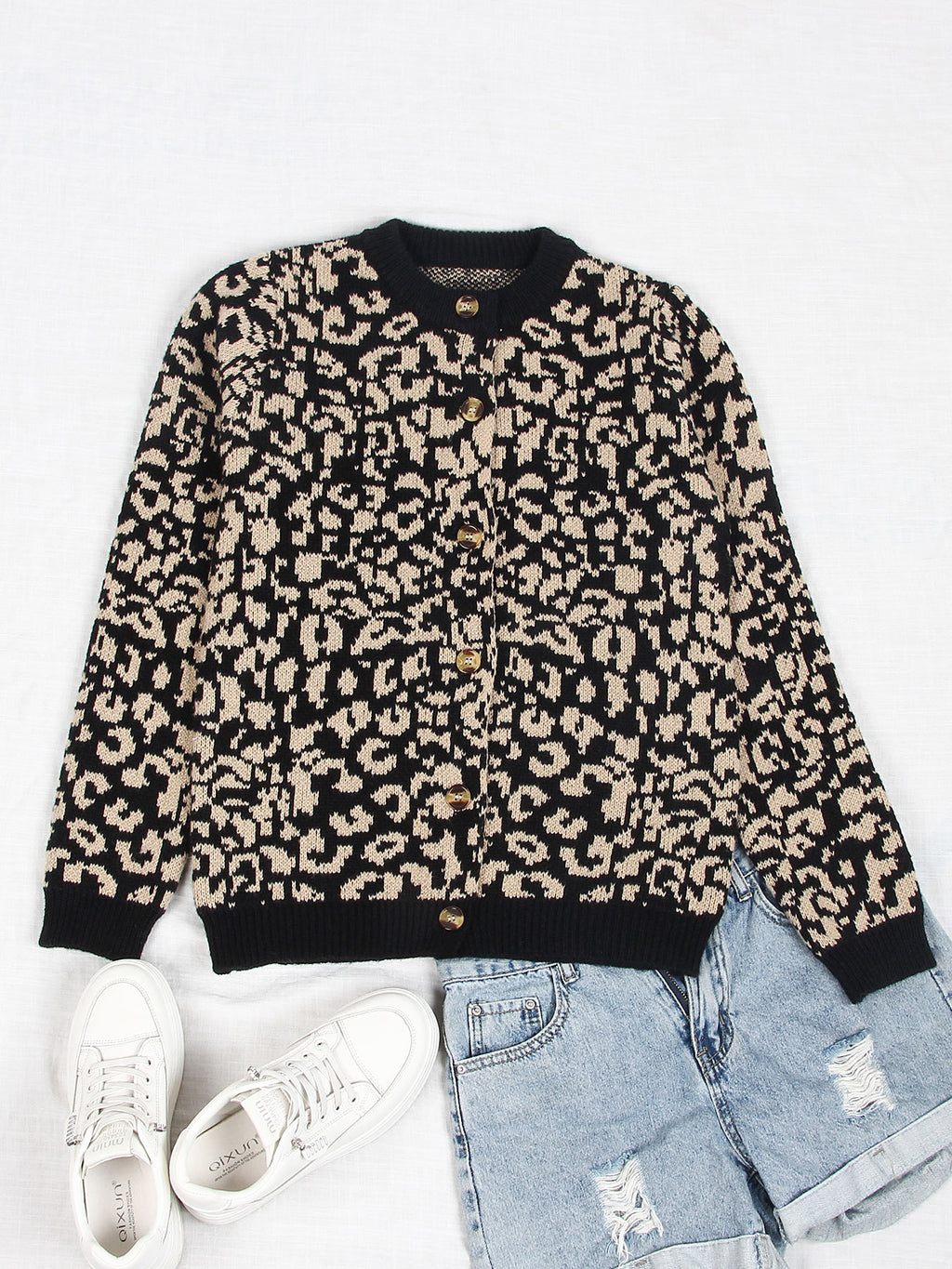 Leopard Jacquard Button Crew Neck Cardigan - Black