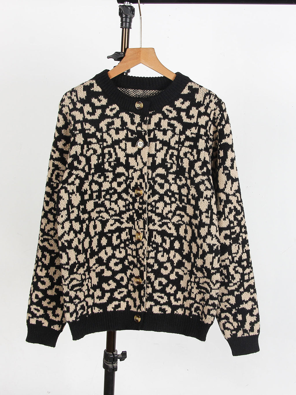 Leopard Jacquard Button Crew Neck Cardigan - Black - 1