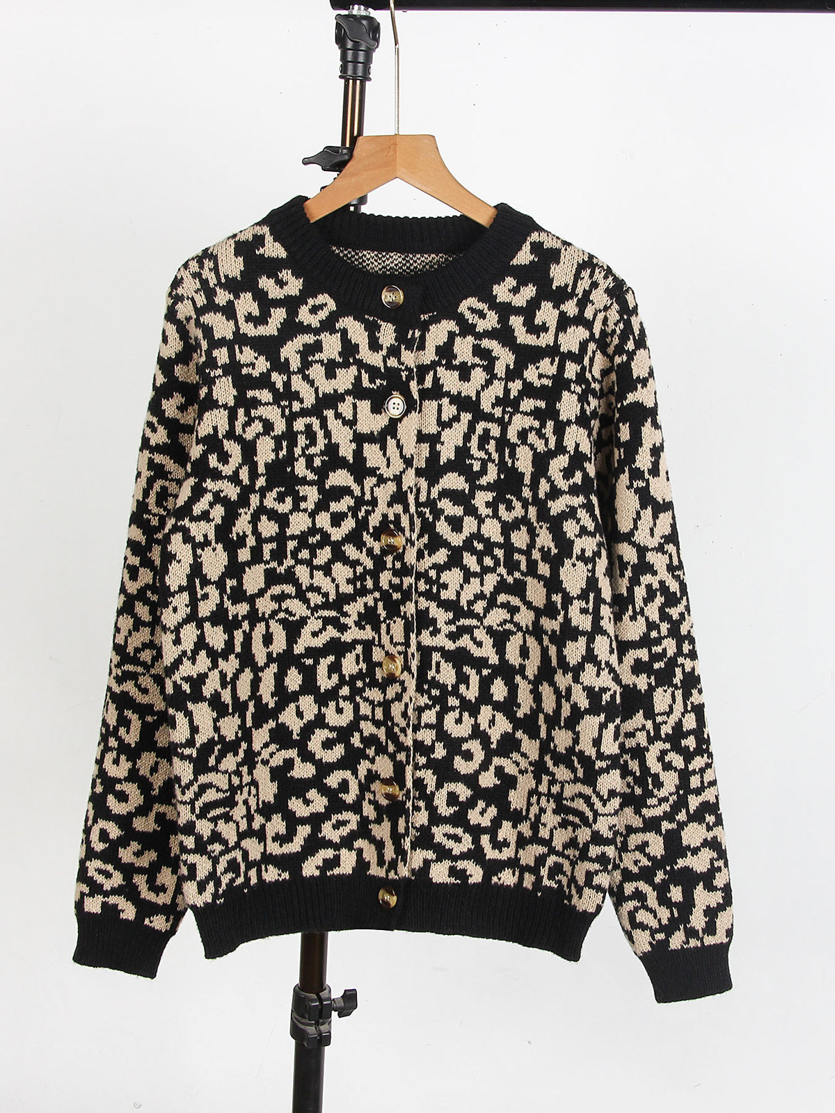 Leopard Jacquard Button Crew Neck Cardigan - Black - 1