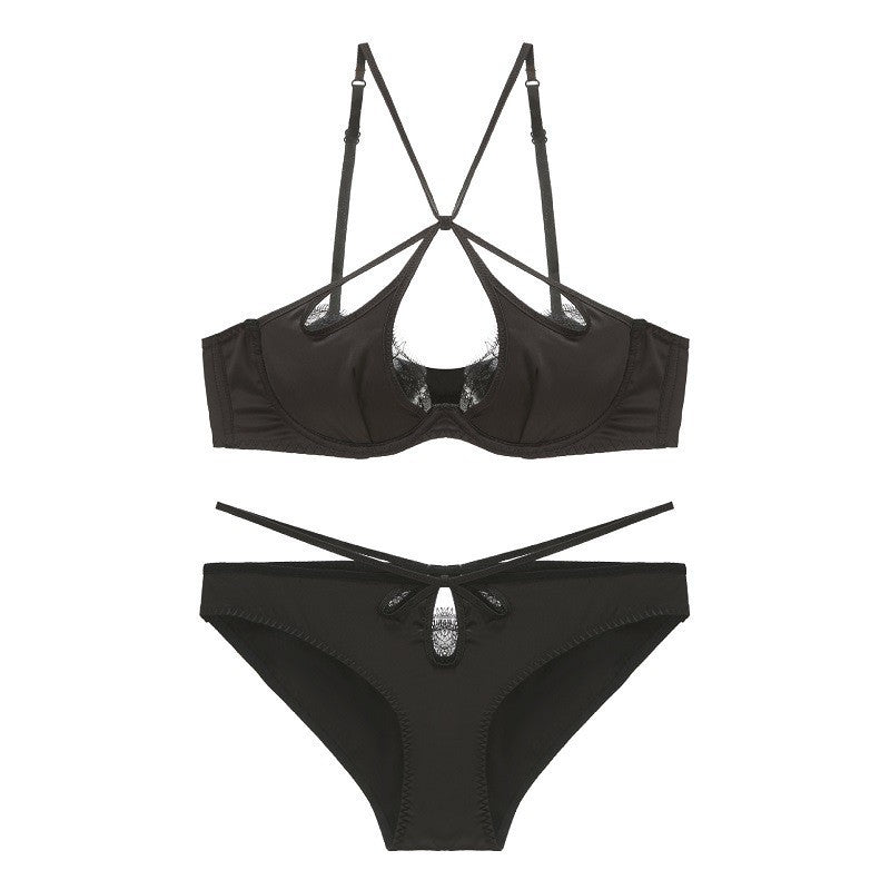 Satin Strappy Keyhole Underwire Bra And Panty Set - Black