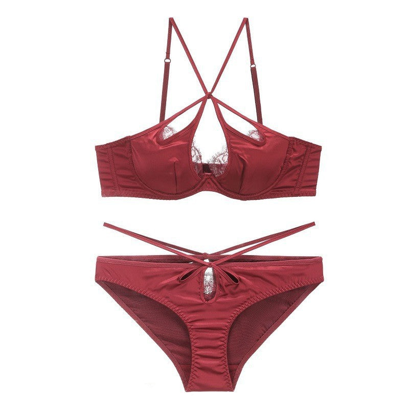 Satin Strappy Keyhole Underwire Bra And Panty Set - Red