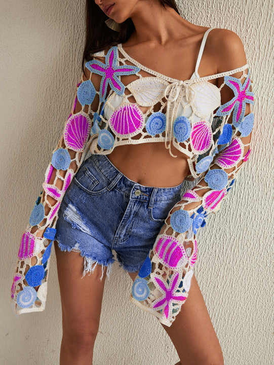 Crochet Seashell Cutout Cropped Beach Top - Magenta