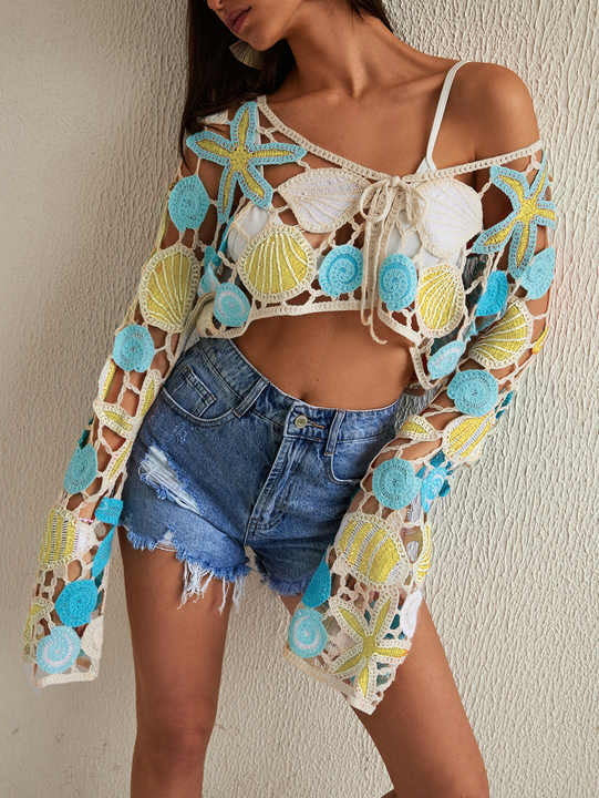 Crochet Seashell Cutout Cropped Beach Top - Yellow