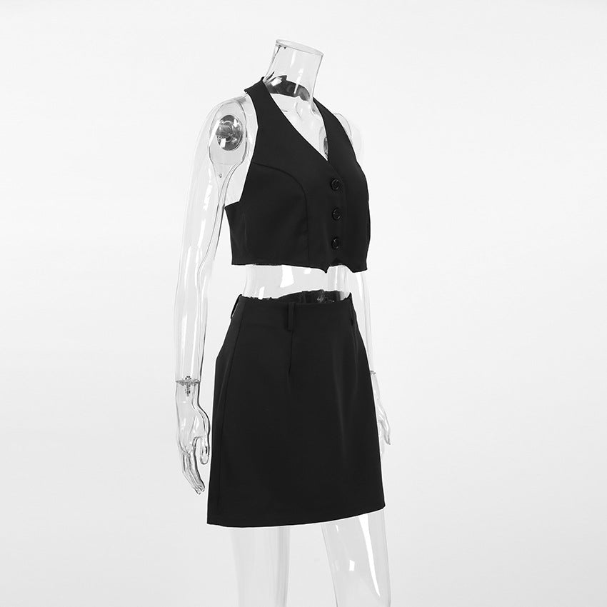 Halter Vest Top And Mini Skirt Set - Black - 3