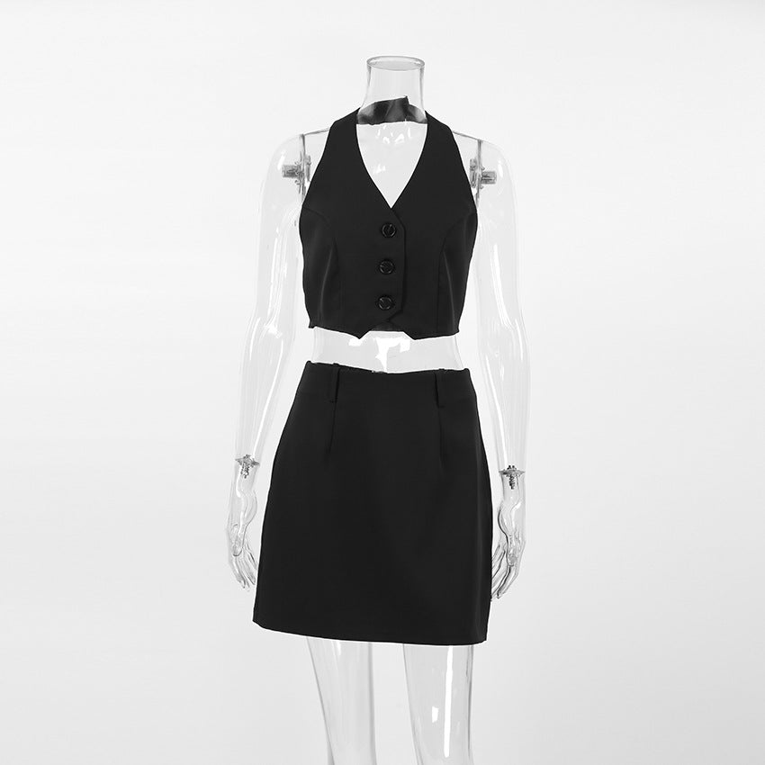 Halter Vest Top And Mini Skirt Set - Black - 7