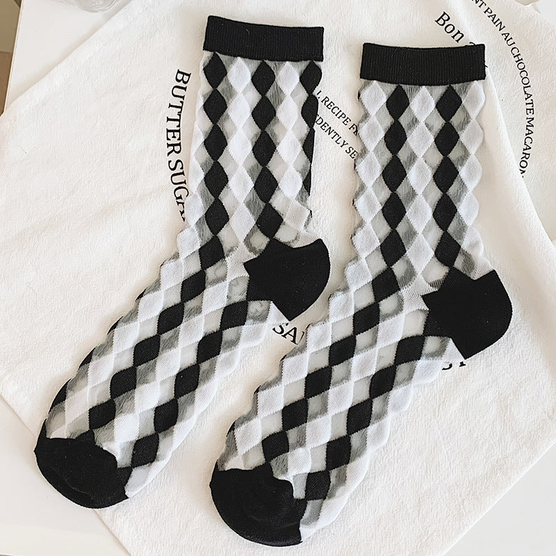 Candy Tone Sheer Heart Motif Crew Socks - Black
