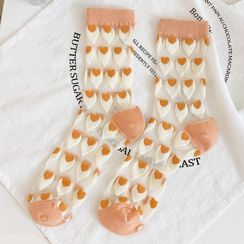 Candy Tone Sheer Heart Motif Crew Socks - Khaki