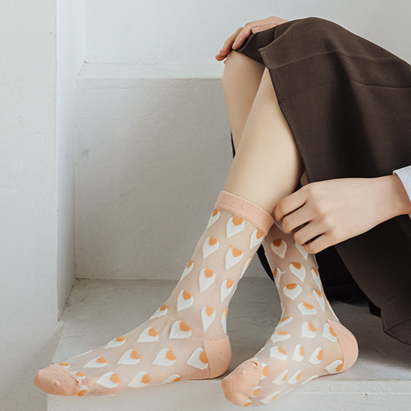 Candy Tone Sheer Heart Motif Crew Socks - Khaki - 1