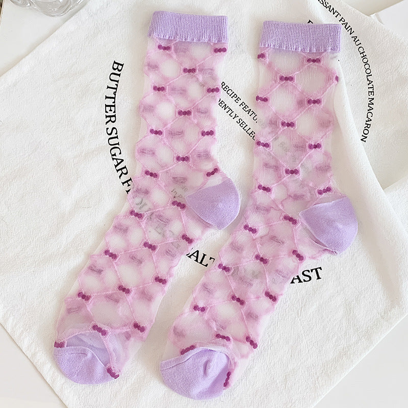 Candy Tone Sheer Heart Motif Crew Socks - Purple