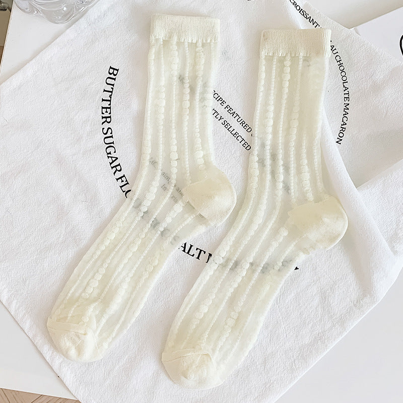 Candy Tone Sheer Heart Motif Crew Socks - White