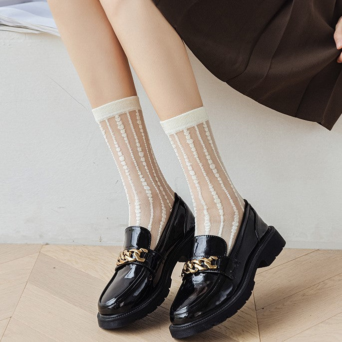 Candy Tone Sheer Heart Motif Crew Socks - White - 1