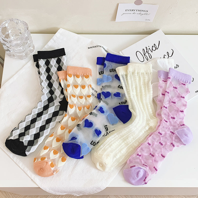 Candy Tone Sheer Heart Motif Crew Socks - view 1