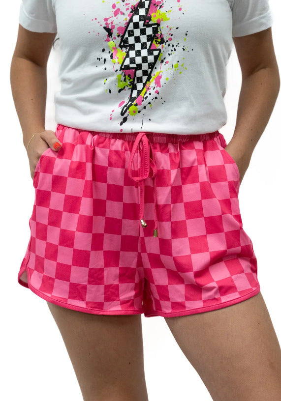 Bold Print Curved Hem Drawstring Shorts - NO01