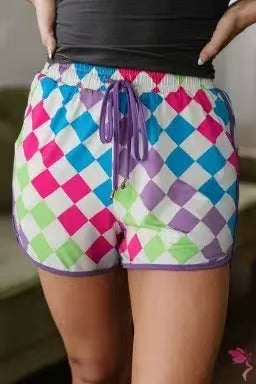 Bold Print Curved Hem Drawstring Shorts - NO03