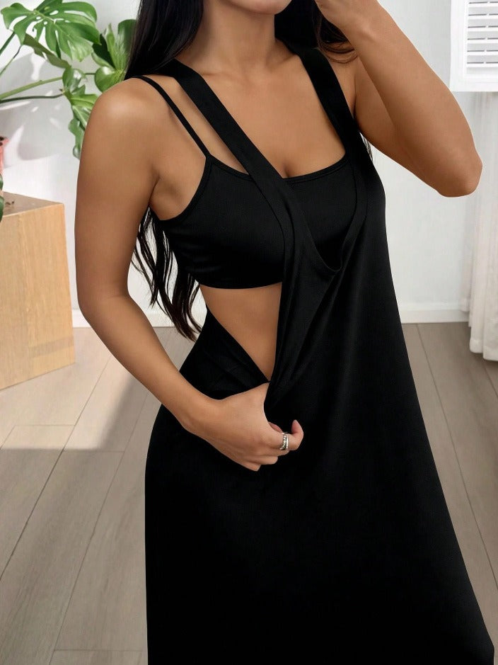 Layered Cutout Strappy Sleeveless Maxi Dress - Black - 1