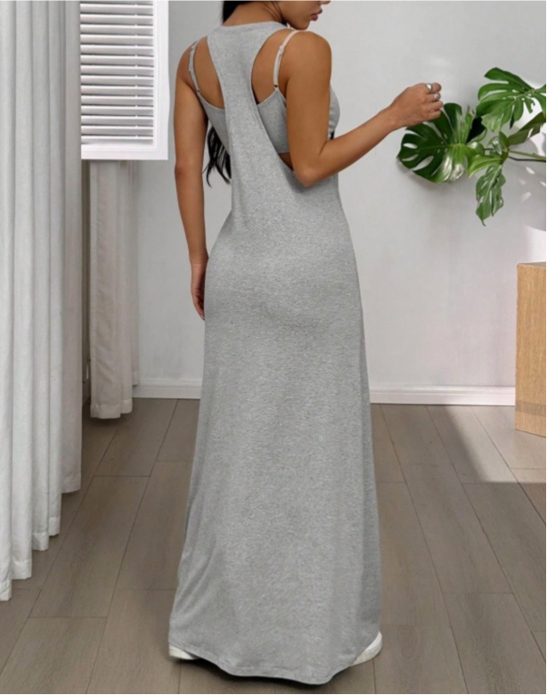 Layered Cutout Strappy Sleeveless Maxi Dress - Grey - 2