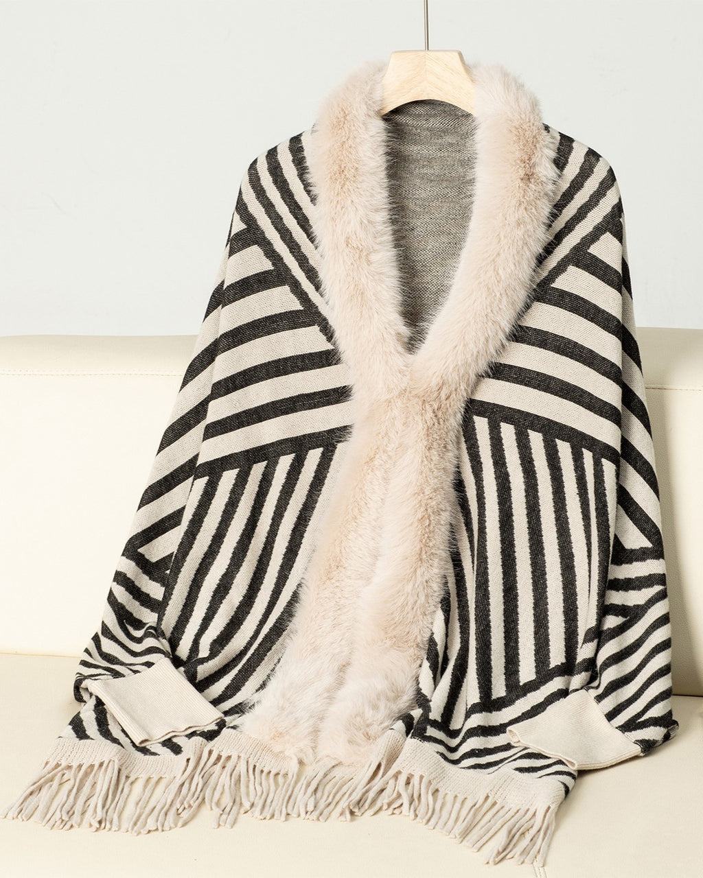 Diagonal Stripe Fringe Poncho With Faux Fur Trim - Apricot