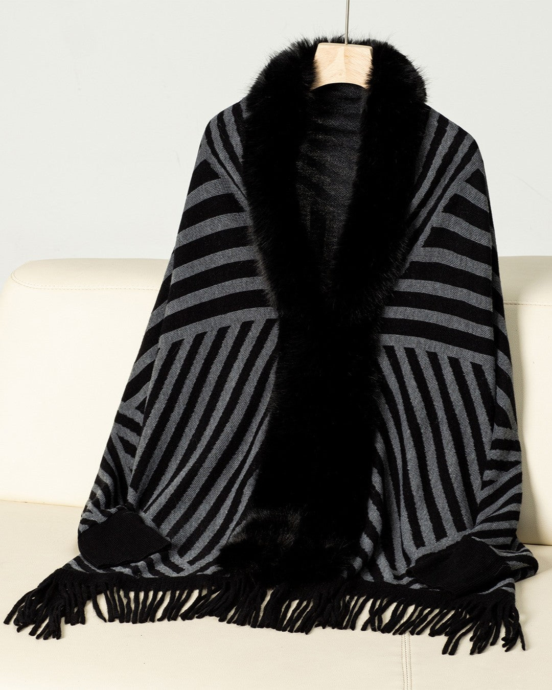 Diagonal Stripe Fringe Poncho With Faux Fur Trim - Black