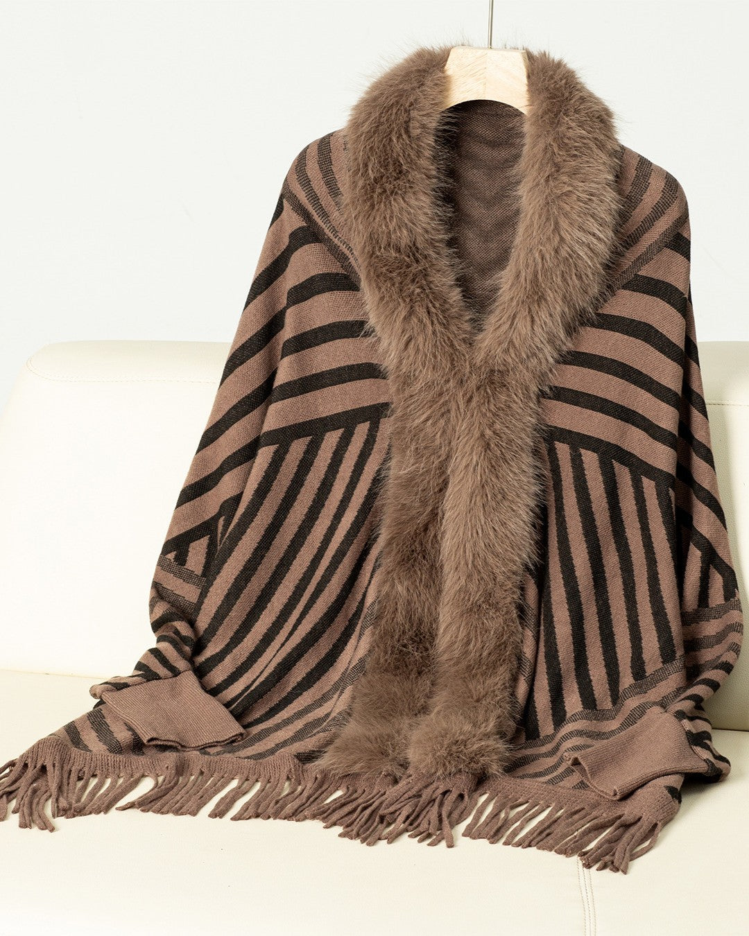 Diagonal Stripe Fringe Poncho With Faux Fur Trim - Coffee